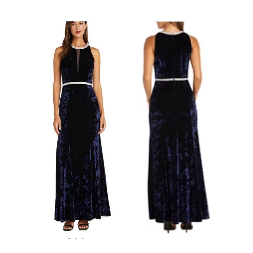 R&M Richards Split Neck Belted Side Slit Velvet Maxi Evening Dress